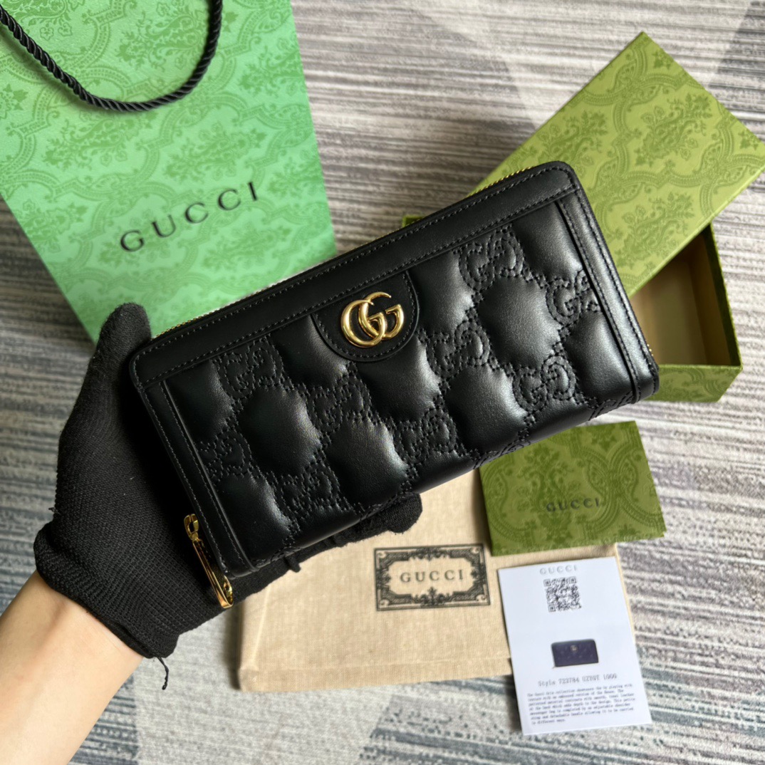 Gvc*1 GG Matelassé Zip-Around Wallet Black For Women 723784 UM8IG 1000 7.6 in/ 19.5 cm