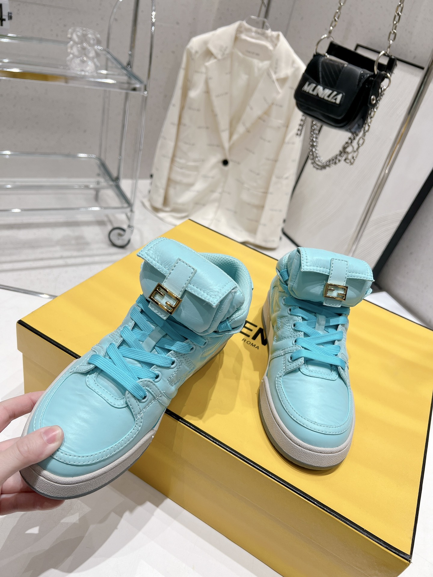 FD F**di Match Lace-Up High-Top Sneakers Blue For Women 8E8380ALIRF1JGC