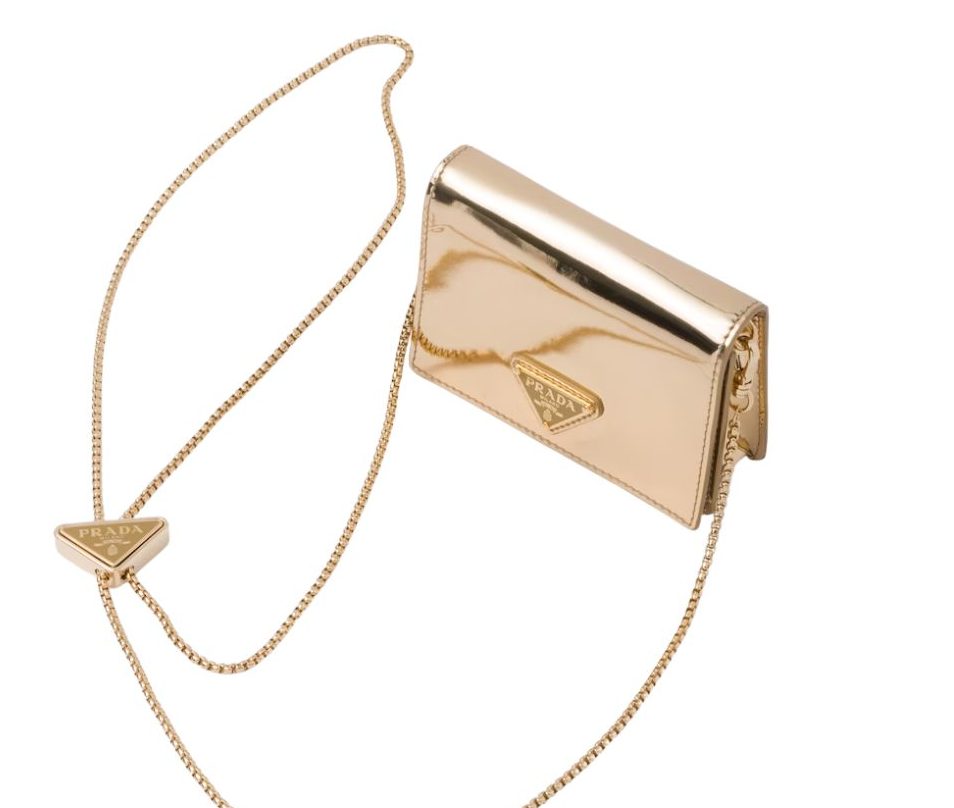 Pra*a Brushed Card Holder With Shoulder Strap Gold Tone/ Black For Women 4.5 in / 11.5 cm 1MR028_2CLE_F0522