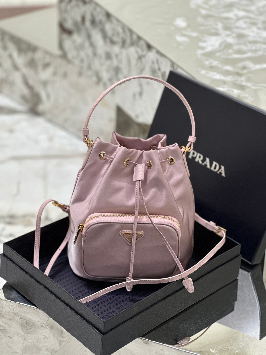 Pra*a Duet Bucket Shoulder Bag Light Pink/Beige For Women 8.6 in / 22.5 cm 1BH038_RV44_F0E18_V_OOO