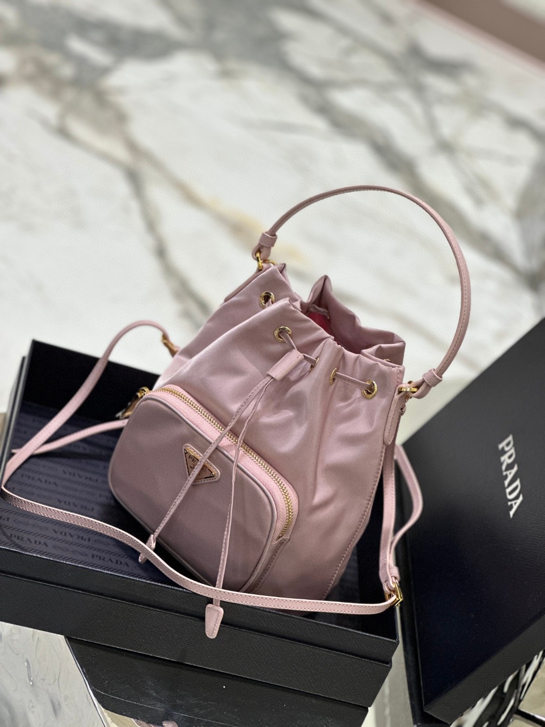 Pra*a Duet Bucket Shoulder Bag Light Pink/Beige For Women 8.6 in / 22.5 cm 1BH038_RV44_F0E18_V_OOO