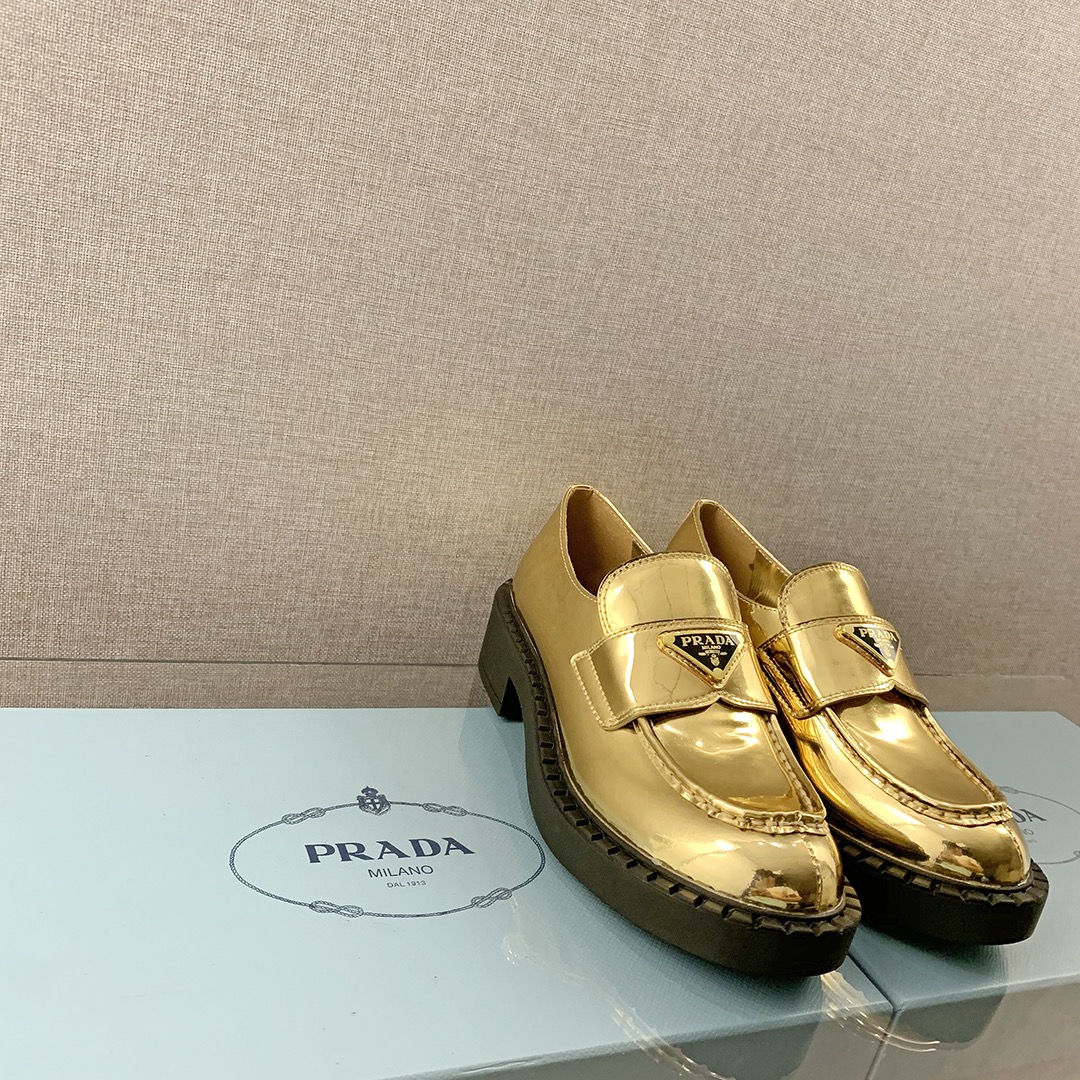 Pra*a Metallic Loafers Gold Tone For Women 1.9 in/ 5cm 1D246M_3AU1_F0522_F_B050