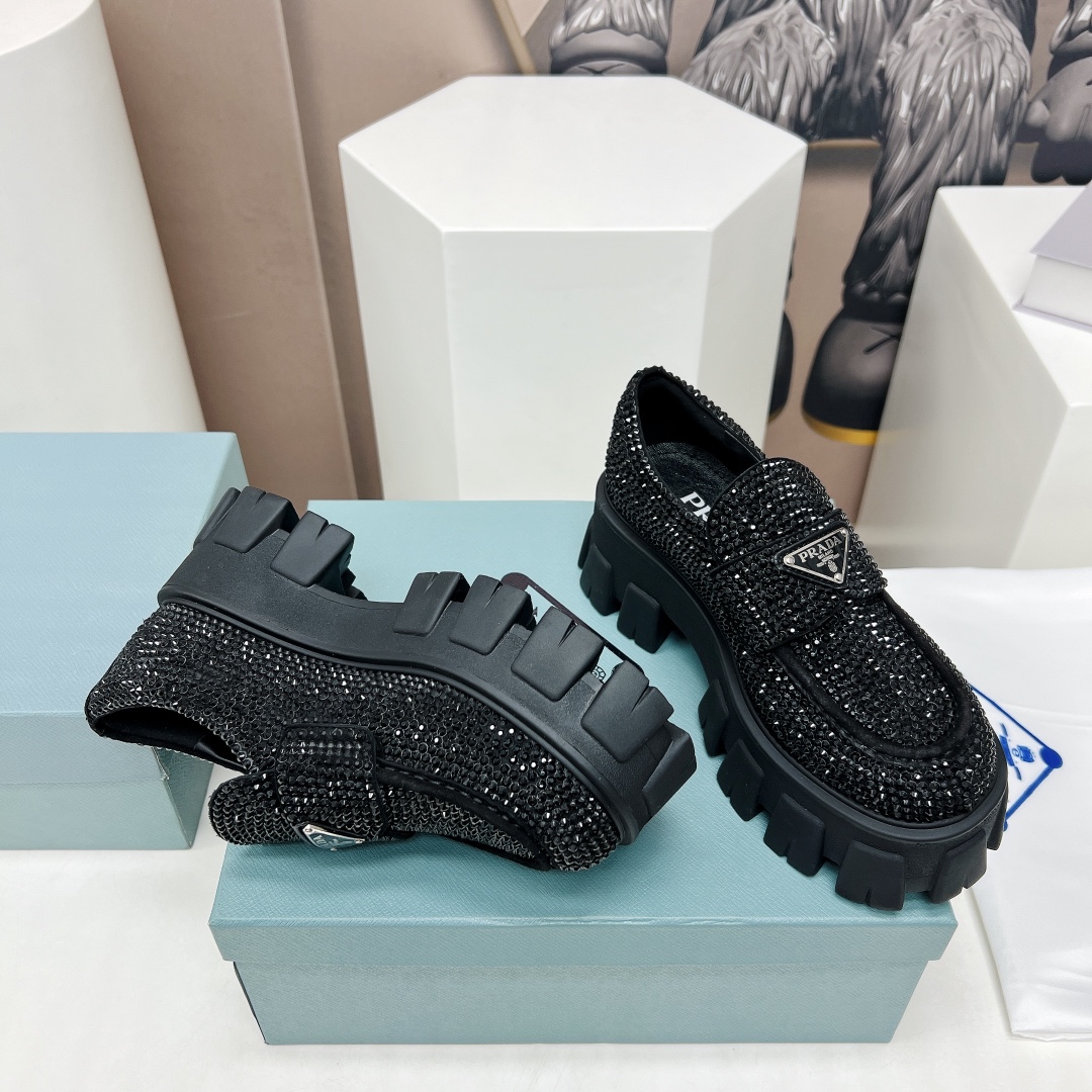 Pra*a Monolith Ombré Brushed Loafers With Crystal Black For Women 2.1 in/ 5.5cm