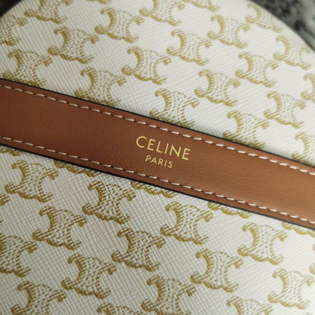 Ce1i*e Round Purse On Strap In Triomphe Canvas White/Brown For Women‎ 5in/13.5cm