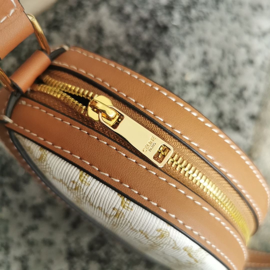 Ce1i*e Round Purse On Strap In Triomphe Canvas White/Brown For Women‎ 5in/13.5cm