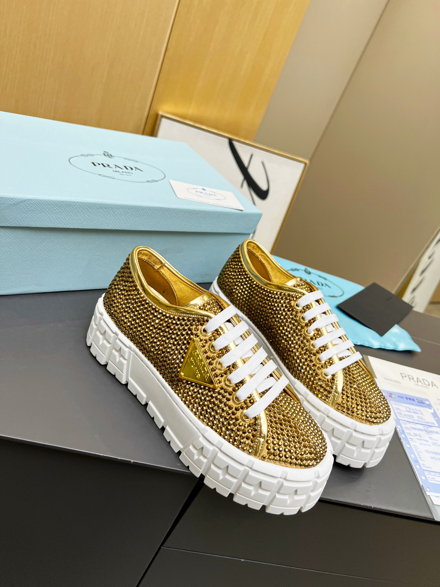 Pra*a Sneakers With Crystals Gold Tone For Women 1.9 in/ 5 cm 1E019N_2AWL_F0522_F_050
