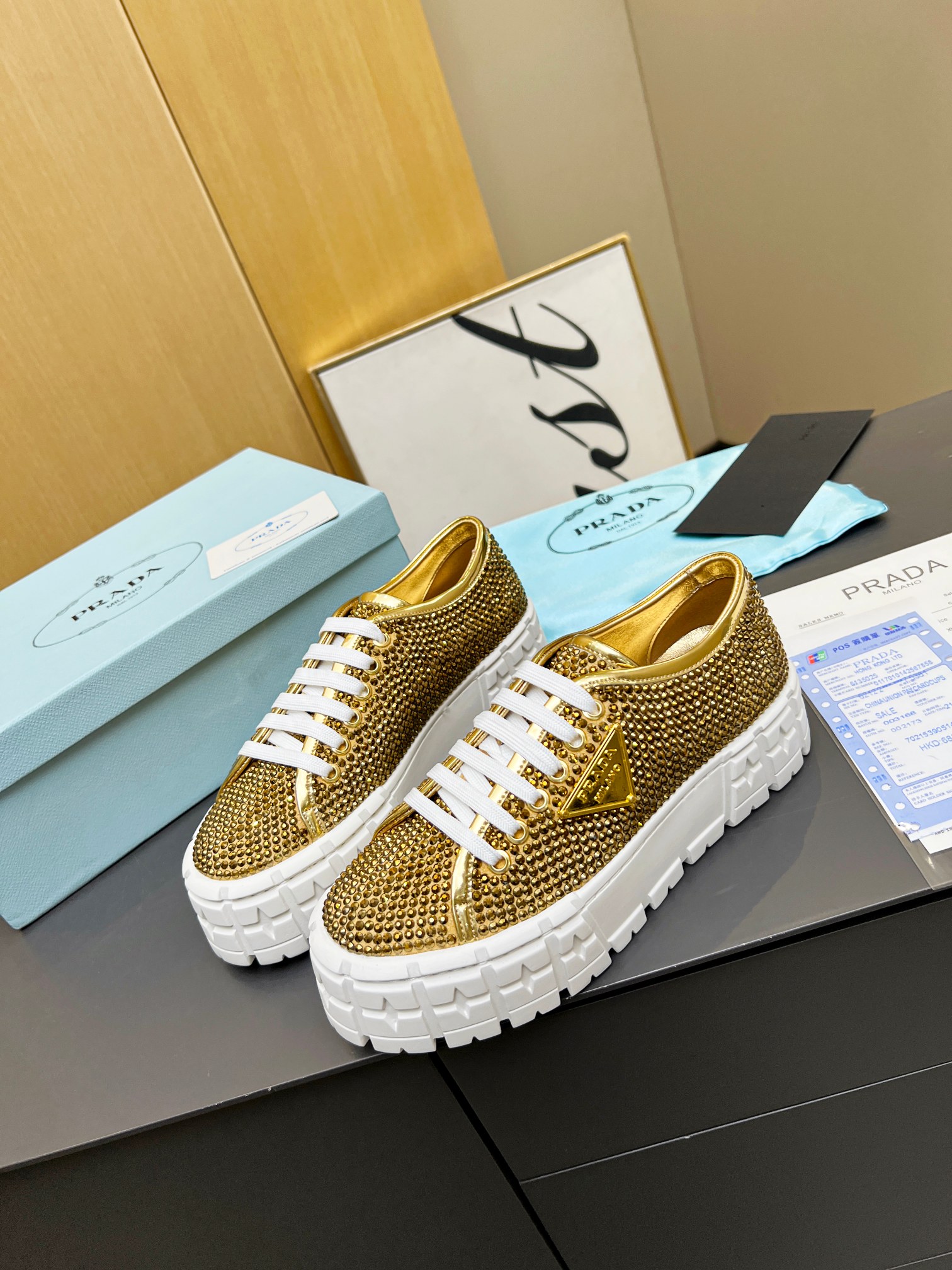 Pra*a Sneakers With Crystals Gold Tone For Women 1.9 in/ 5 cm 1E019N_2AWL_F0522_F_050