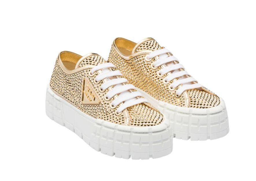 Pra*a Sneakers With Crystals Gold Tone For Women 1.9 in/ 5 cm 1E019N_2AWL_F0522_F_050
