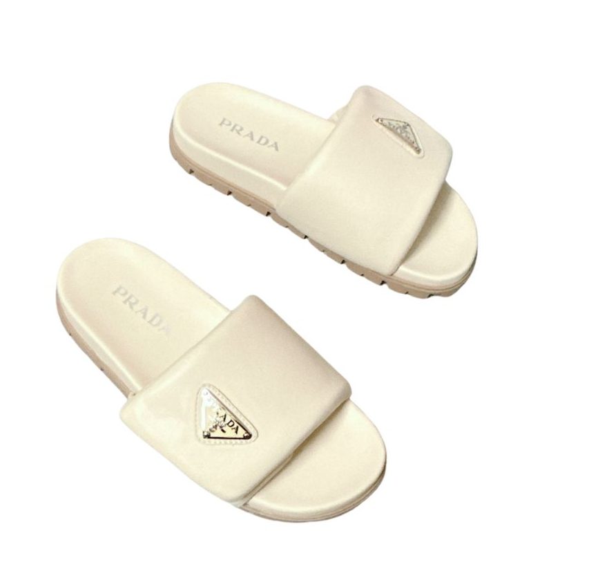 Pra*a Soft Padded Nappa Slides Light Beige For Women 0.8 in/ 2cm