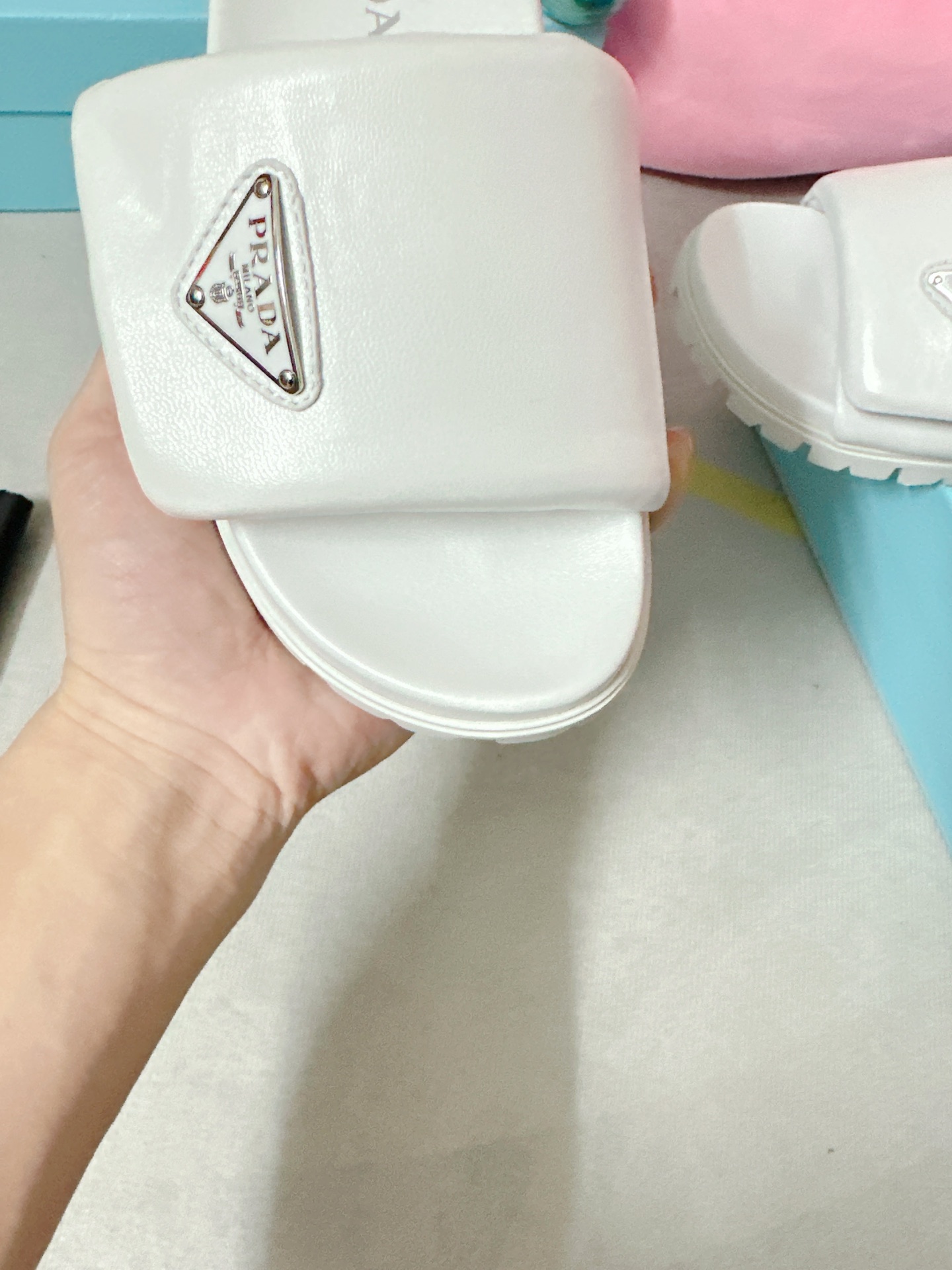 Pra*a Soft Padded Nappa Slides White For Women 0.8 in/ 2cm 1XX648_2DL8_F0009_F_020