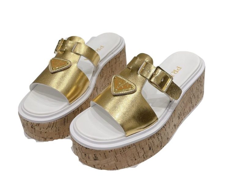 Pra*a Wedge Platform Sandals Gold Tone For Women 2.9 in/ 7.5 cm