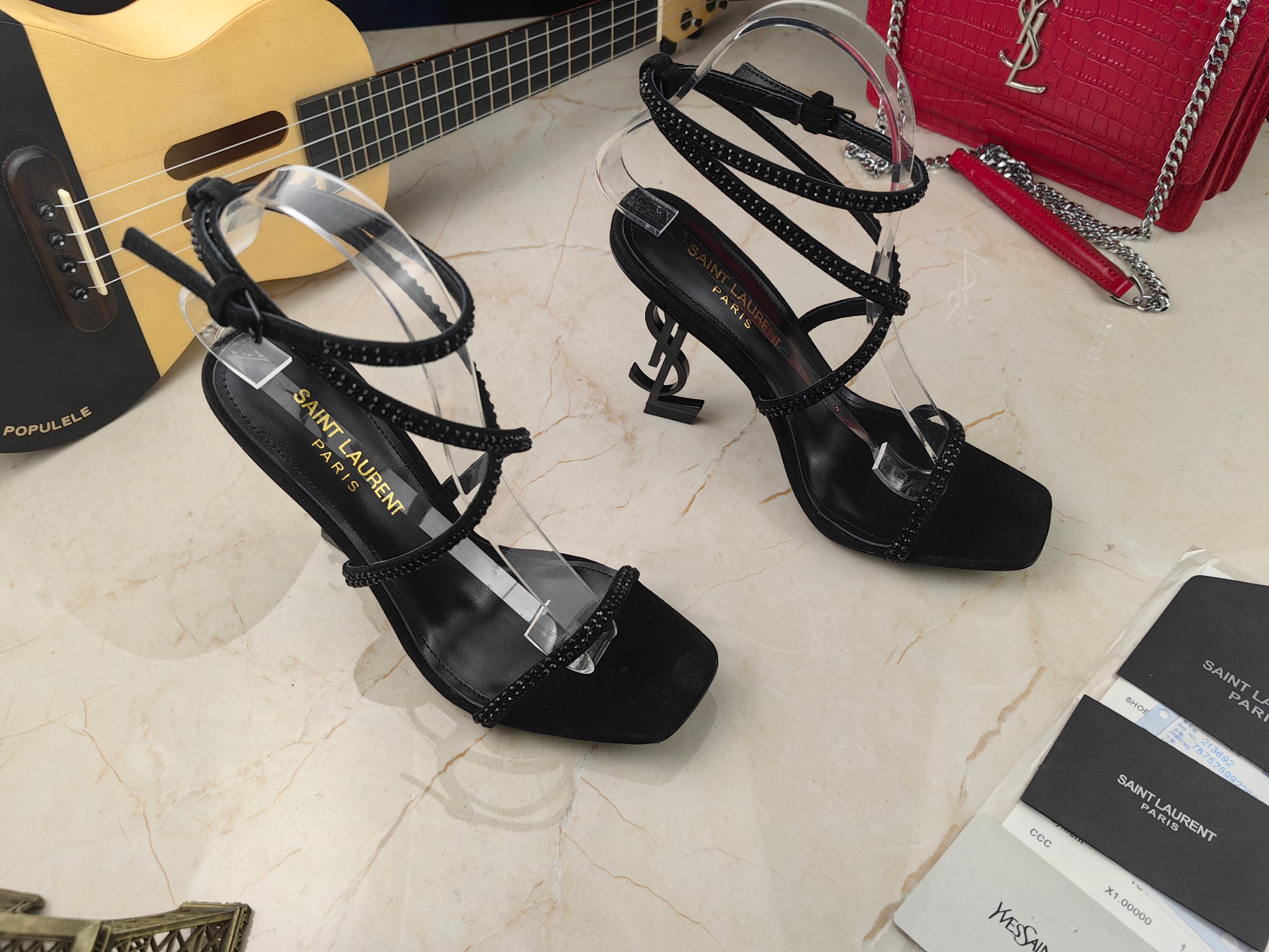 Sa1nt Lau*nt Opyum Sandals In Crepe Satin And Rhinestones Black For Women 7323391UUAV1012