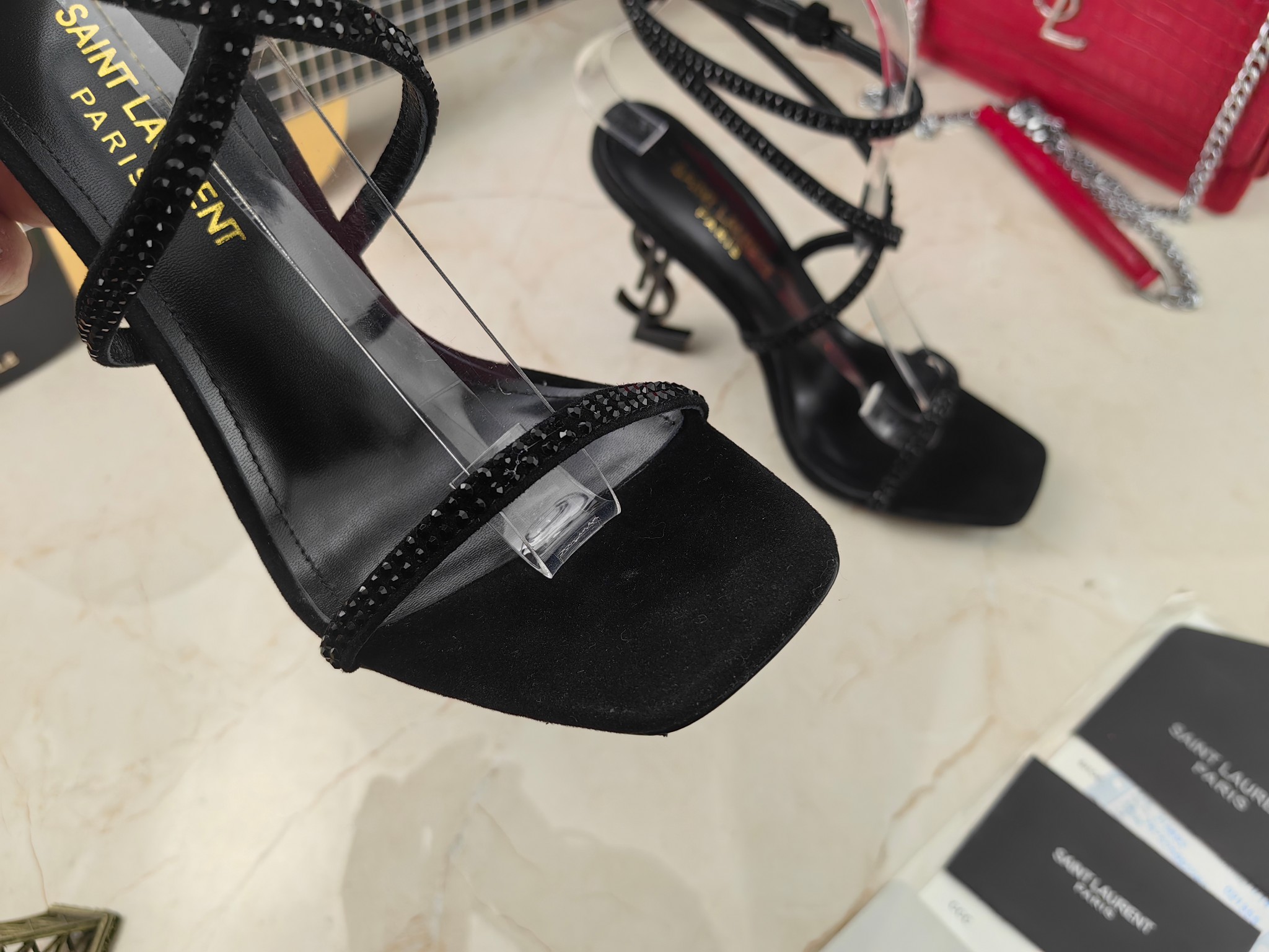 Sa1nt Lau*nt Opyum Sandals In Crepe Satin And Rhinestones Black For Women 7323391UUAV1012