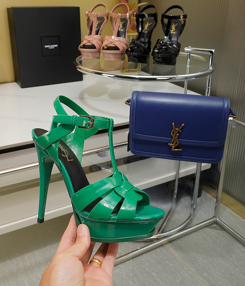 Sa1nt Lau*nt Tribute Platform Sandals In Patent Green For Women