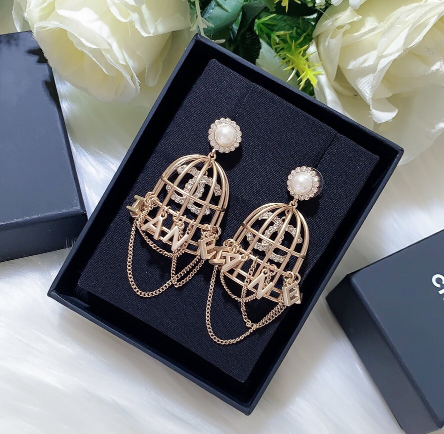 Ch**el Bird Cage Shape Earrings Gold Tone For Women