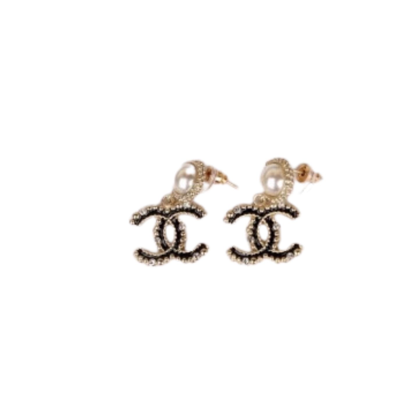 Ch**el Black Douple C Earrings Gold Tone For Women