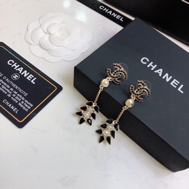 Ch**el Black Petals Earrings Gold Tone For Women