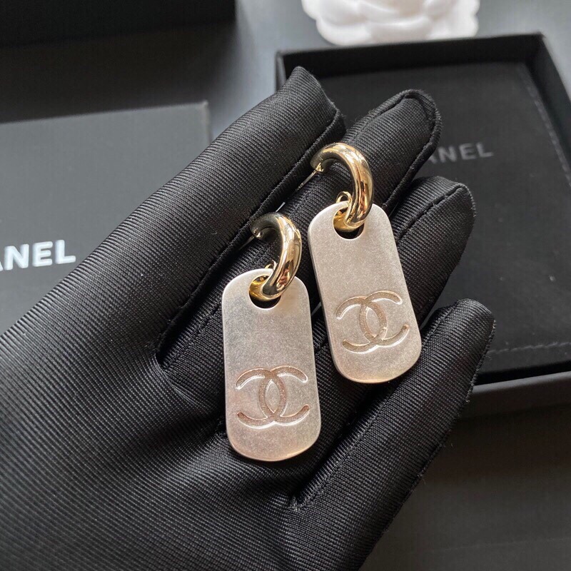 Ch**el Dangling Big Tag Earrings Gold Tone For Women