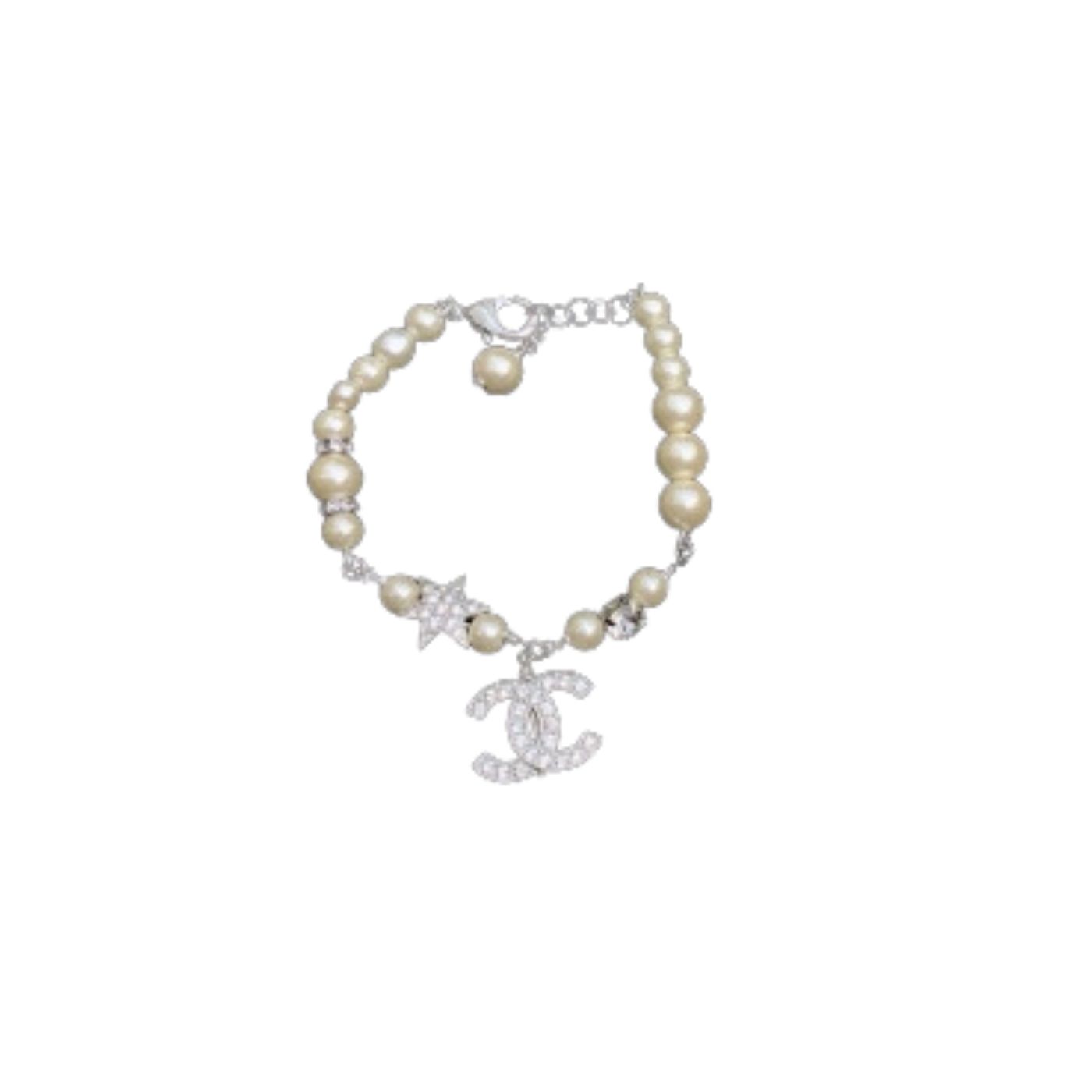Ch**el Dangling Douple C Pearl Chain Bracelet Silver Tone For Women