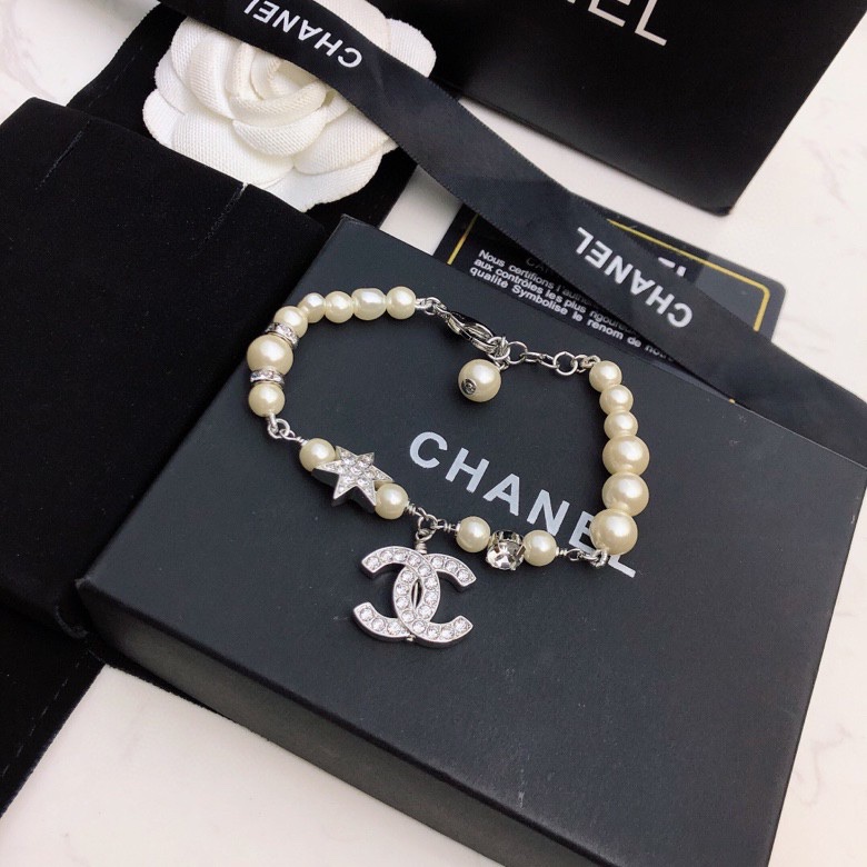 Ch**el Dangling Douple C Pearl Chain Bracelet Silver Tone For Women