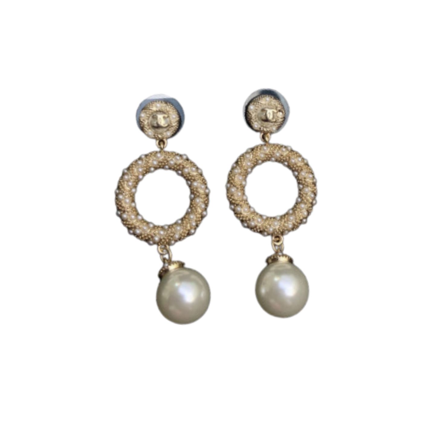 Ch**el Dangling White Pearl And Circle Earrings Gold Tone For Women