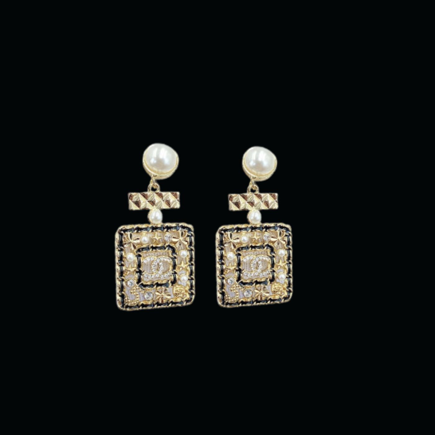 Ch**el Douple Black Border Square Frame Earrings Gold Tone For Women