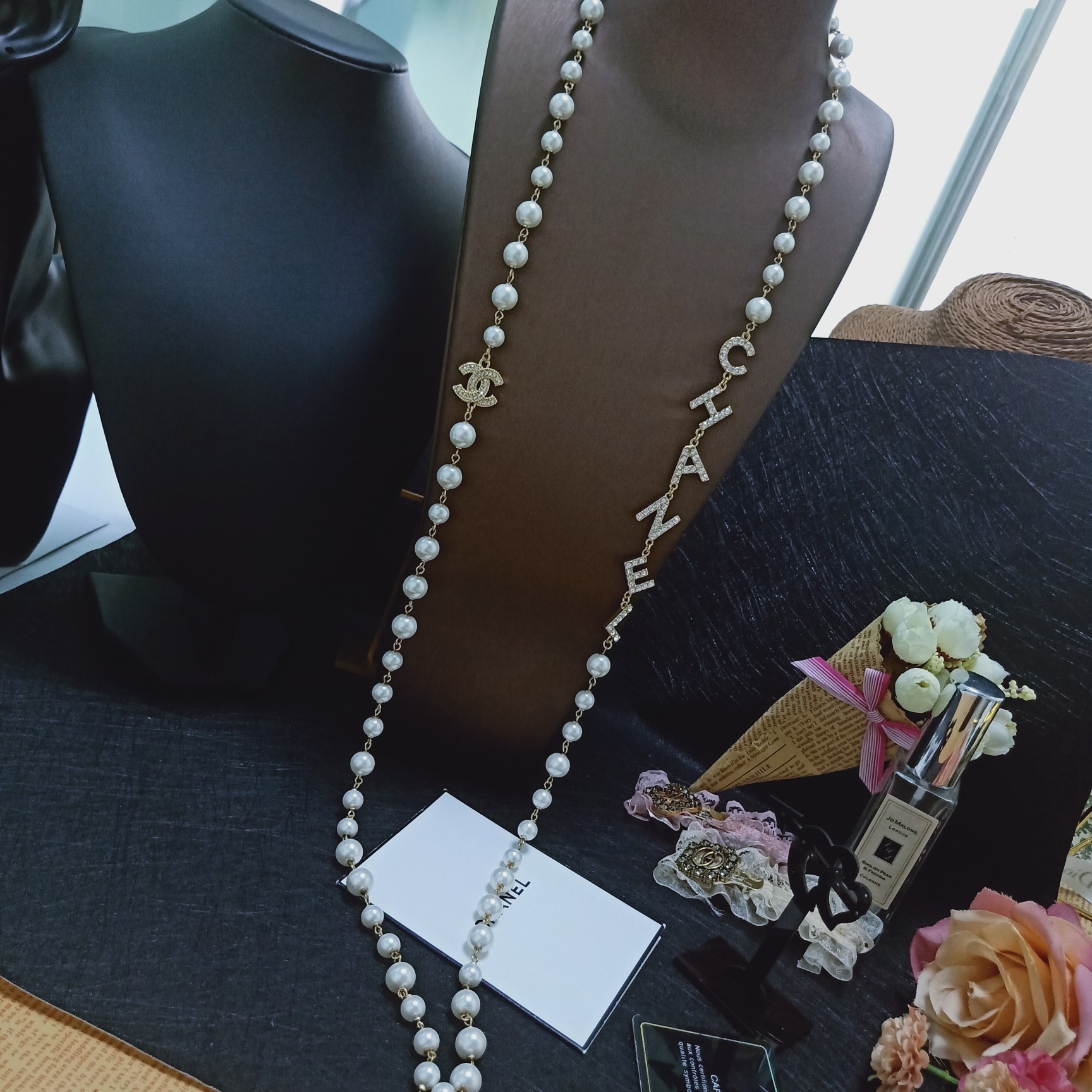 Ch**el Multi Layered Letters Links Pearl Necklace White For Women