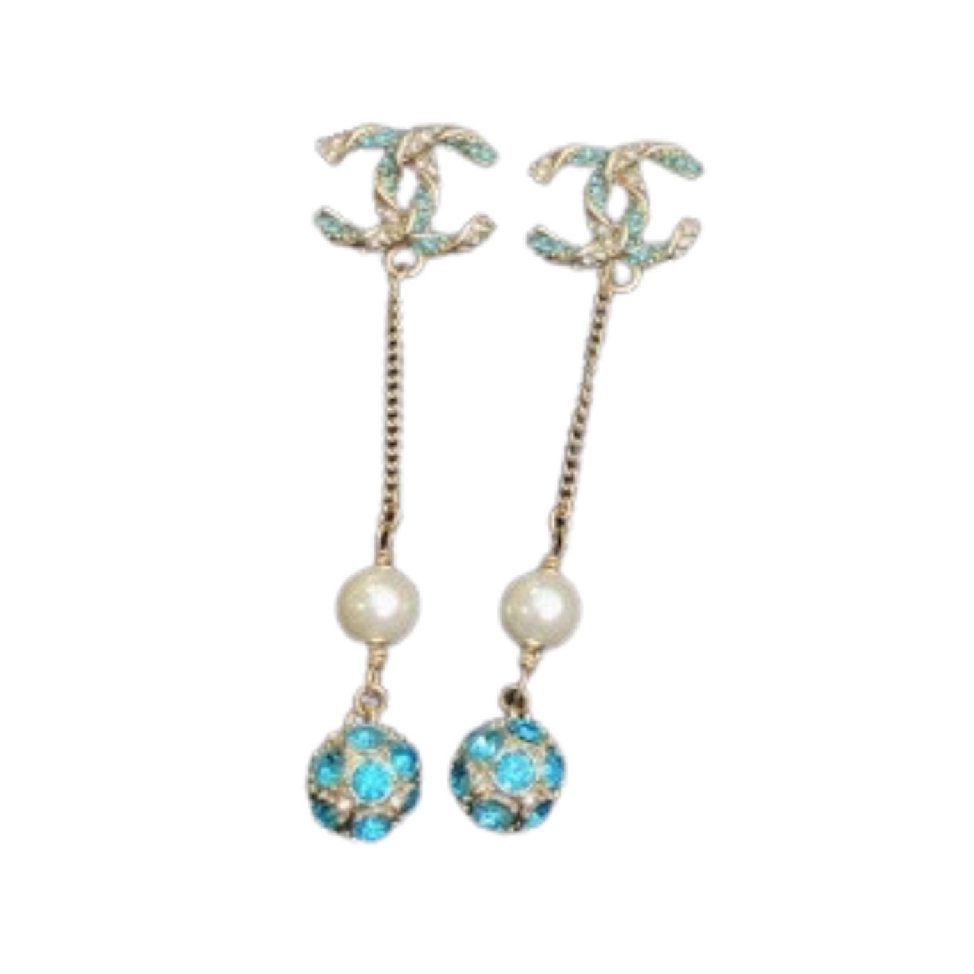 Ch**el Pearl Long Earrings Jade Green For Women