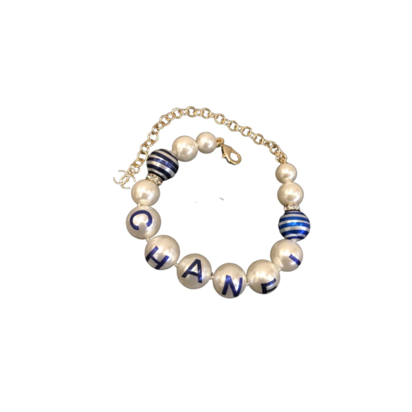 Ch**el Printed Blue C-H-A-N-E-L Bracelet Gold Tone For Women