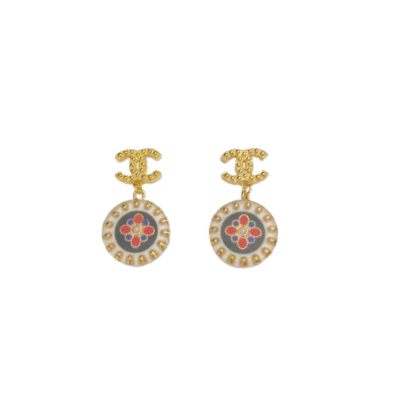 Ch**el Red And Blue Pattern In Middle Circle Earrings Gold Tone For Women