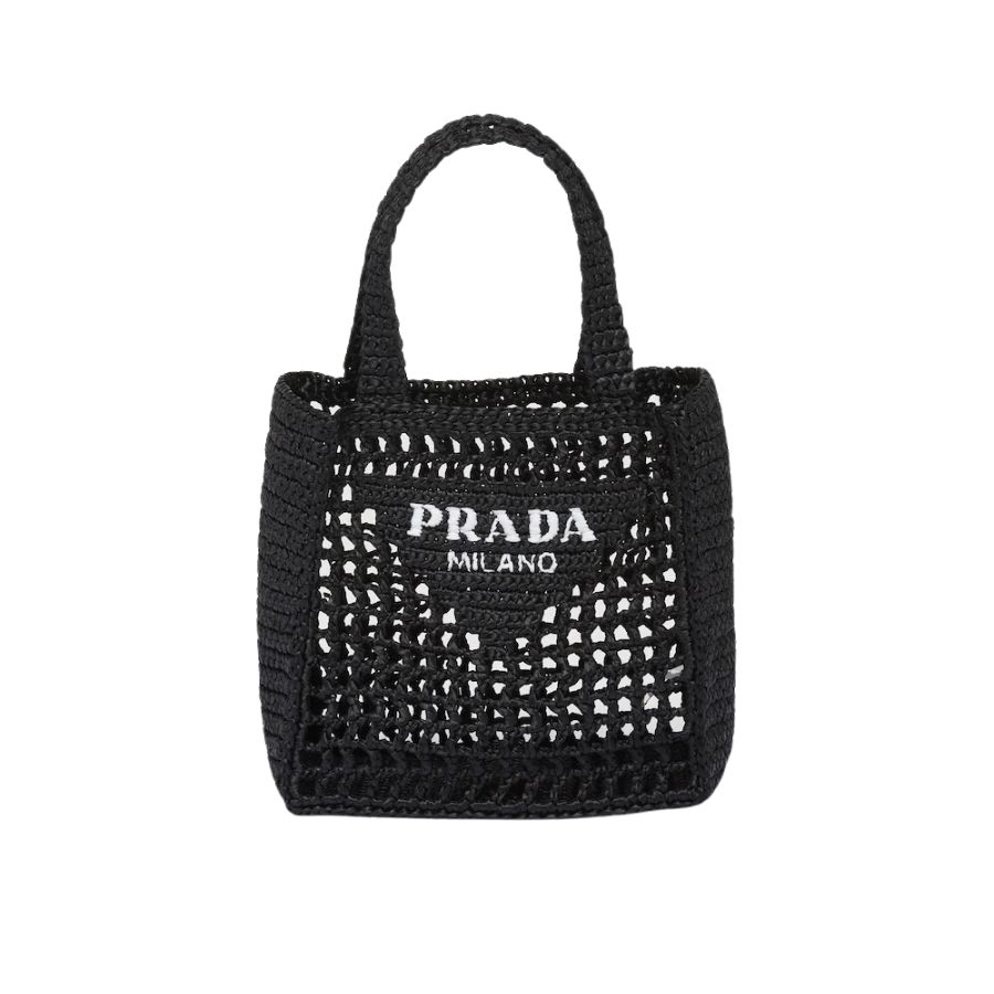 Pra*a Small Raffia Tote Black For Women 22cm/ 8.7in – 1BG444_2A2T_F0002_V_OOO