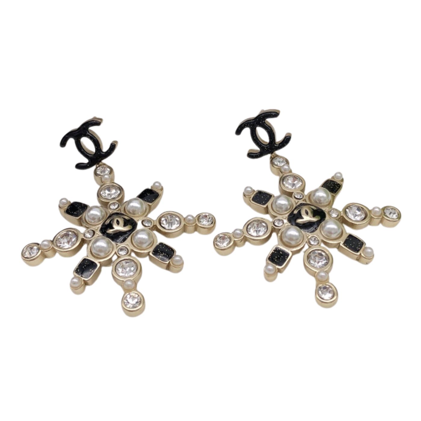 Ch**el Snowflake Enamel Pearl Earrings Black For Wome