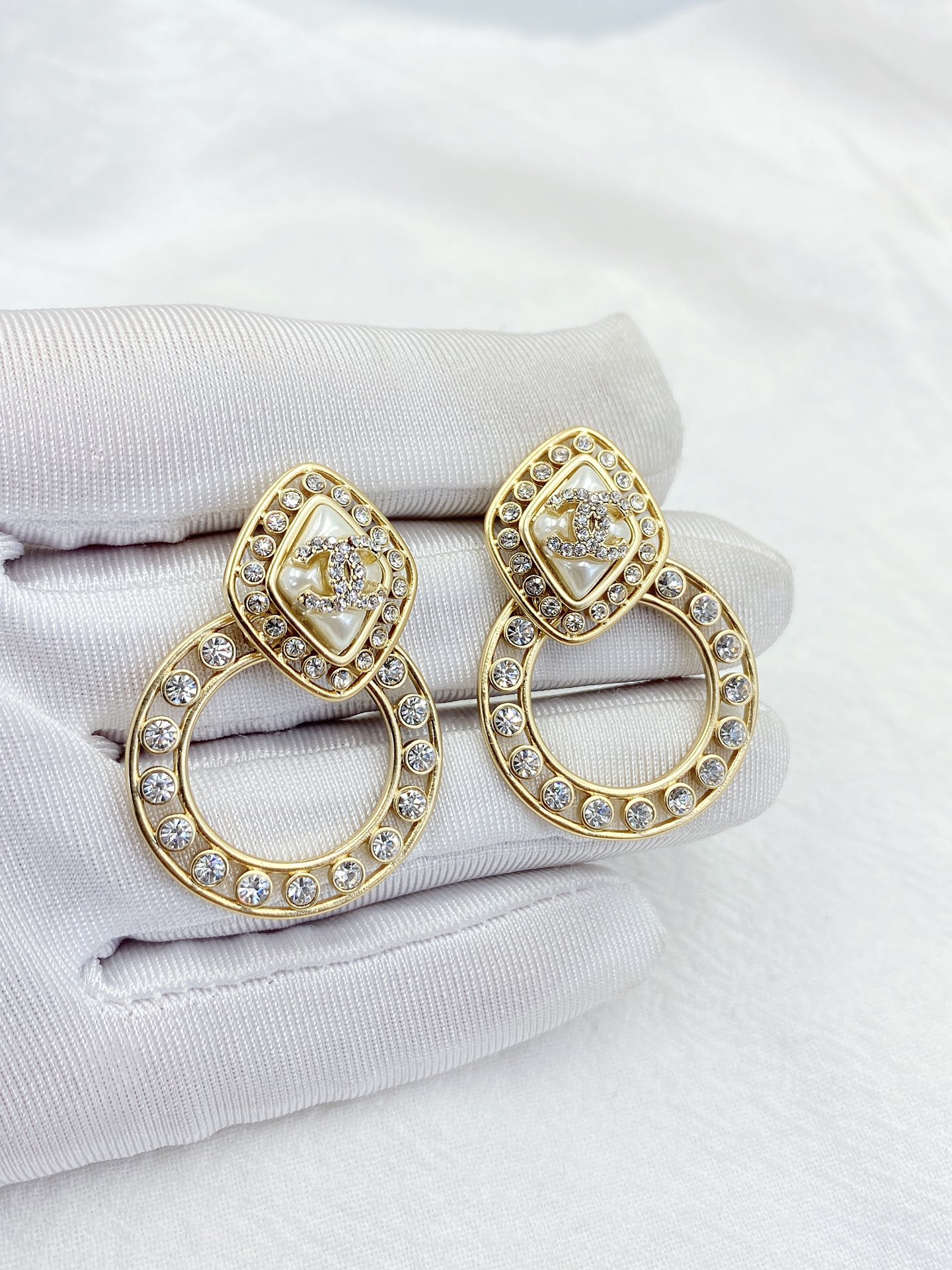 Ch**el Sparkling Stone Border Earrings Gold Tone For Women