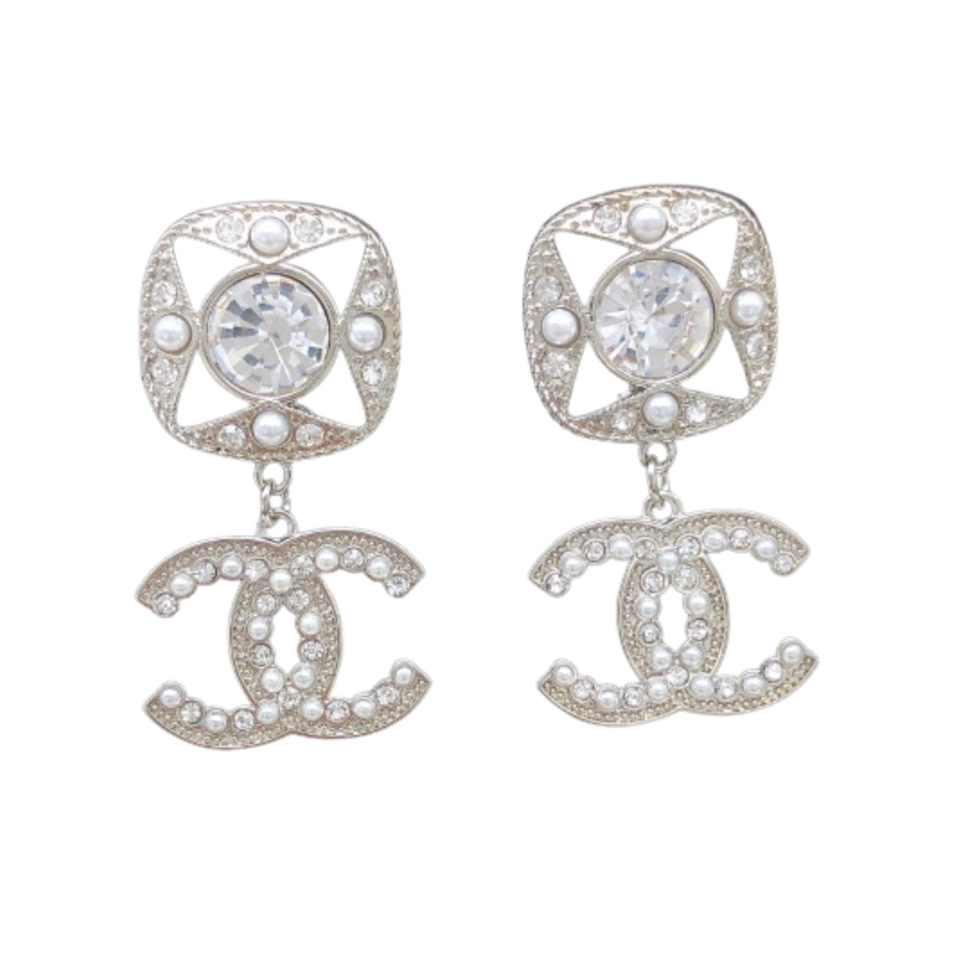 Ch**el Square Double C Stud Earrings White For Women