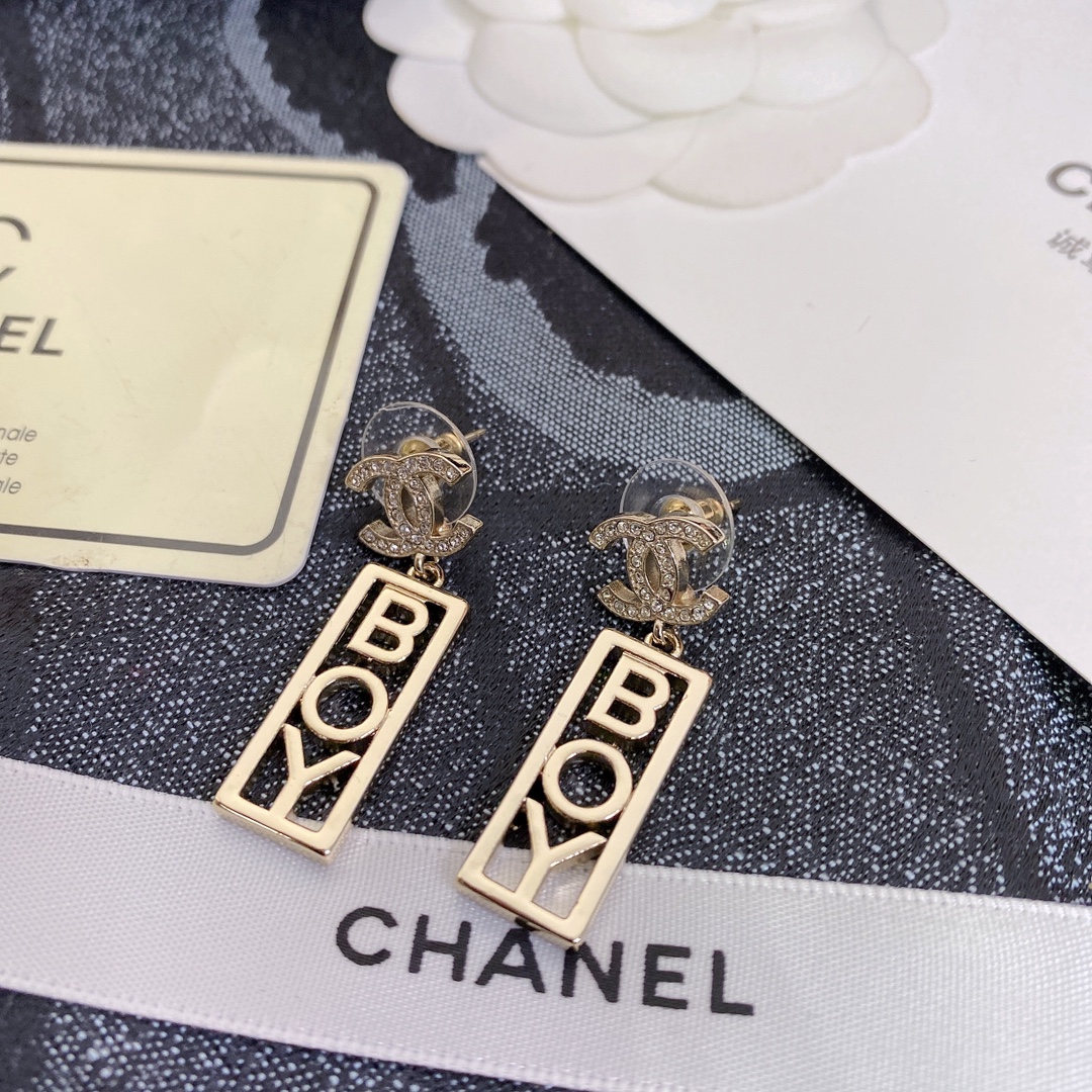 Ch**el Strass CC BOY Drop Earrings Gold For Women