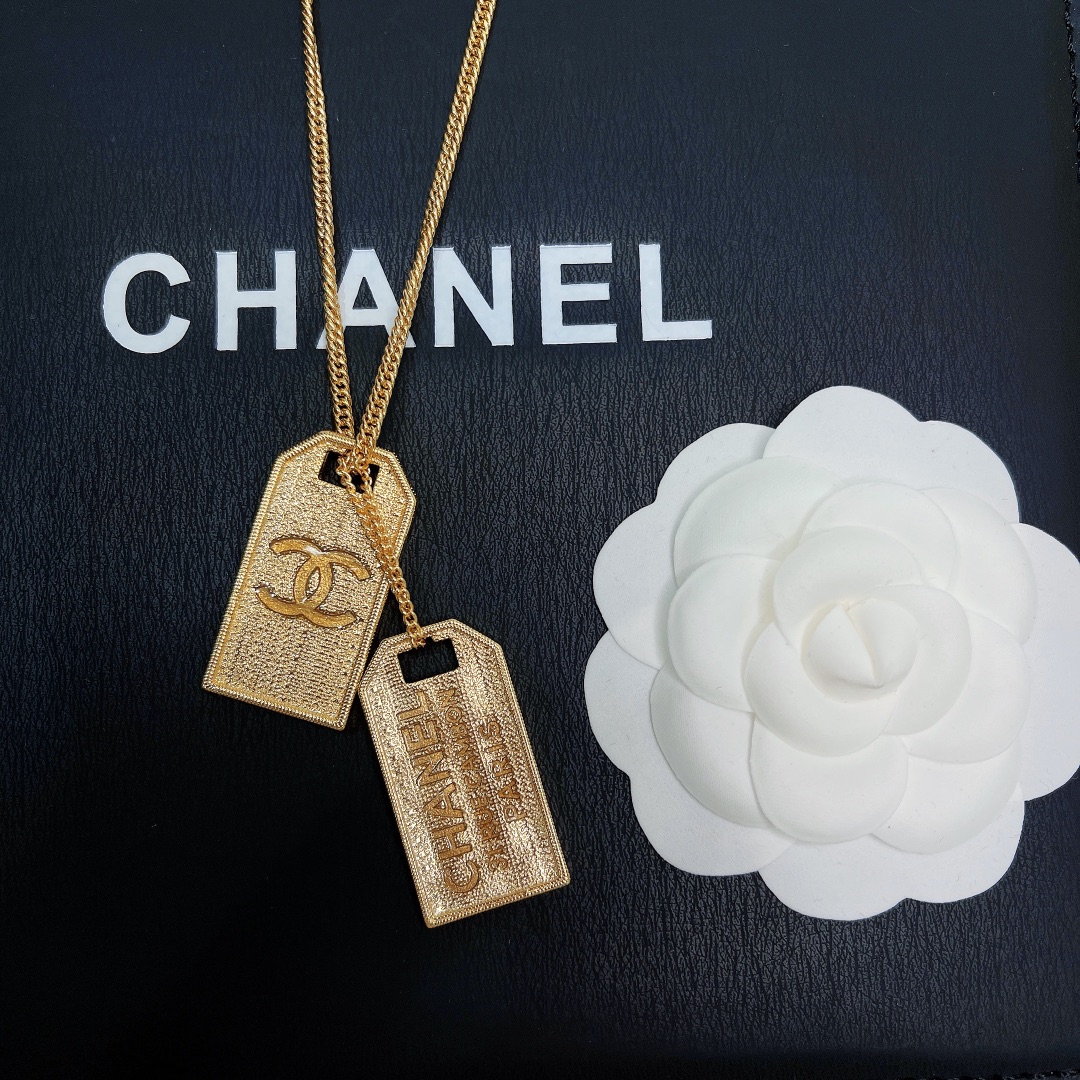 Ch**el Two Tag Engraving Signature Necklace Gold Tone For Women