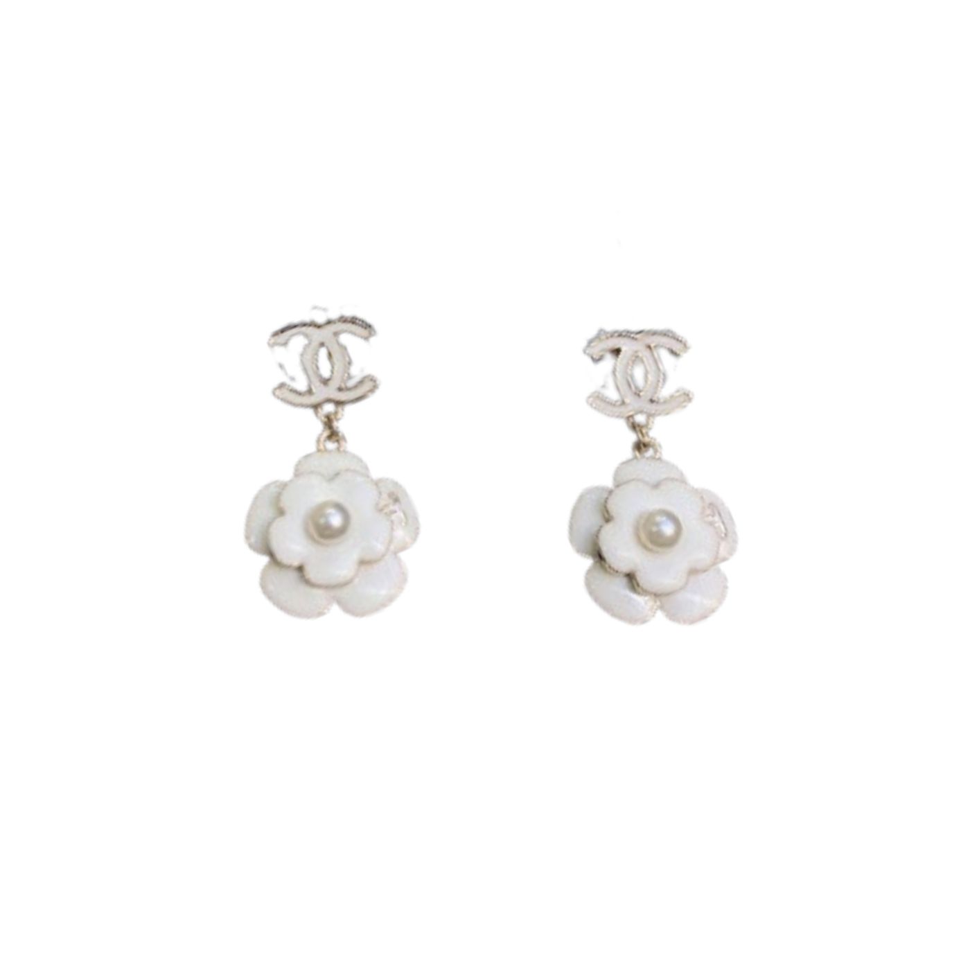 Ch**el White Camellia Flower Earrings Gold Tone For Women