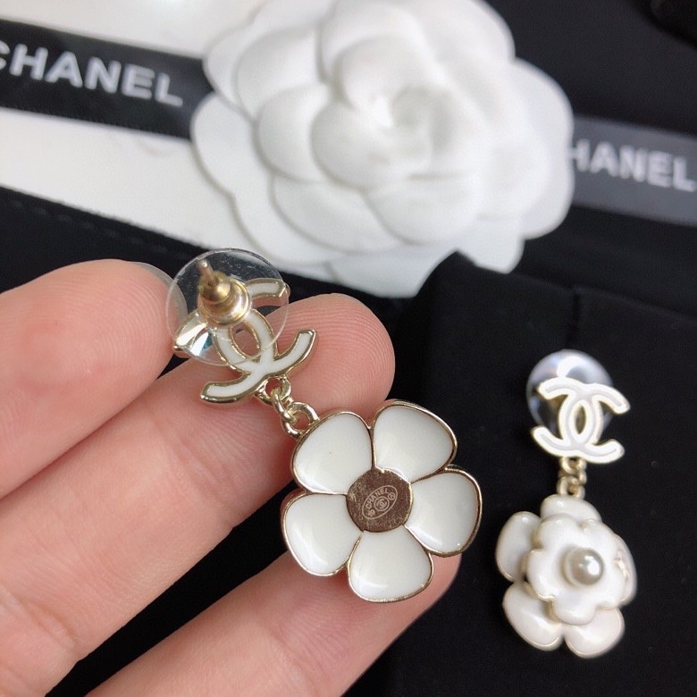 Ch**el White Camellia Flower Earrings Gold Tone For Women