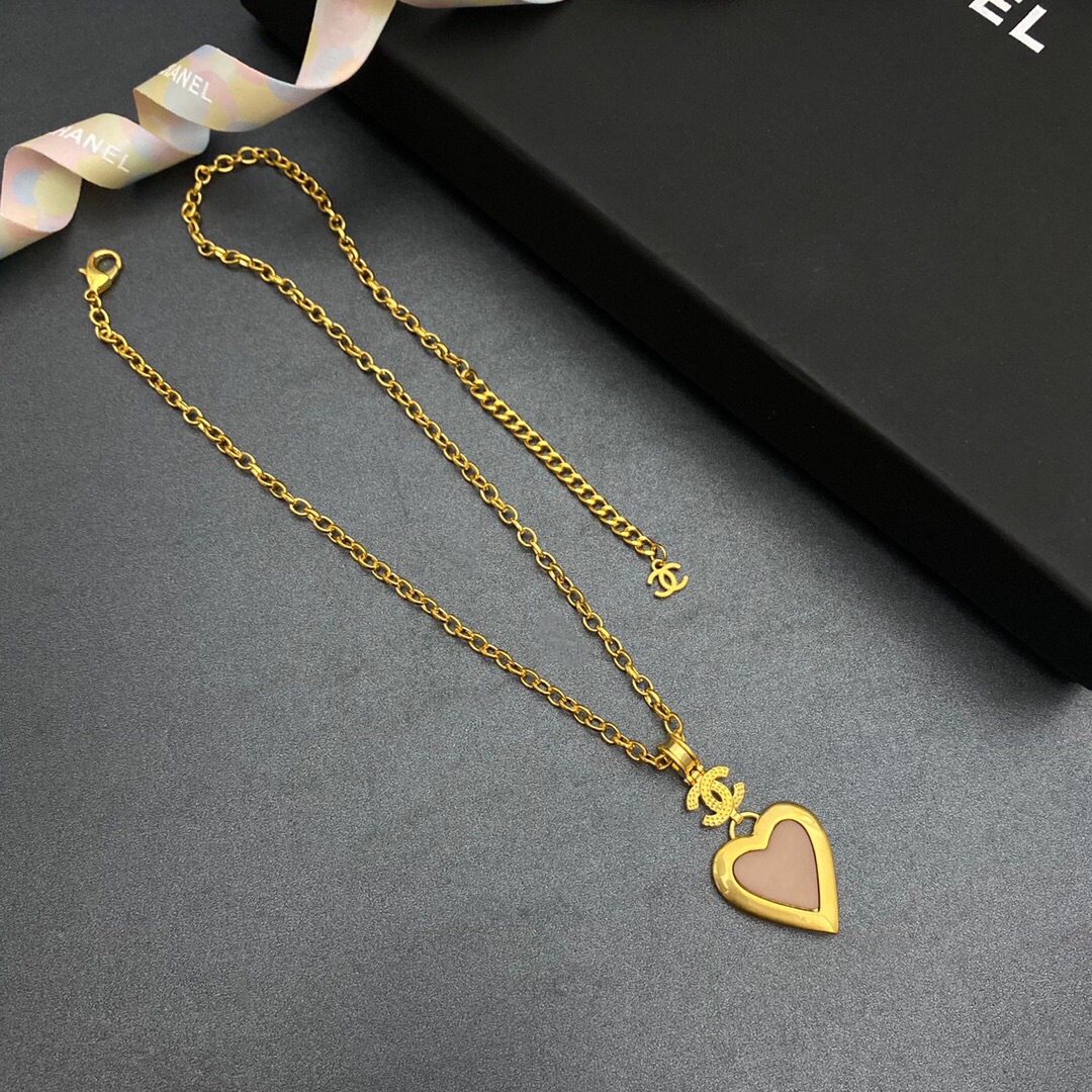 Ch**el Yellow Thick Border Heart Necklace Gold Tone For Women