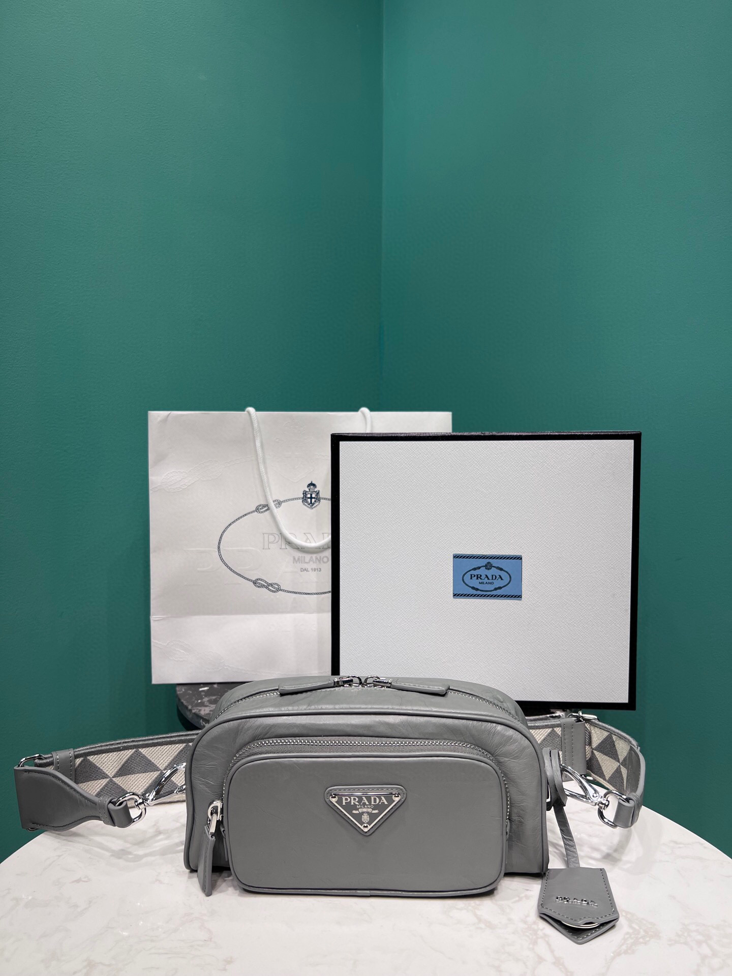 Pra*a Nappa Antique Multi-Pocket Shoulder Bag In Grey/Black/Pink For Women 8.6 in/ 22cm 1BH198_UVL_F0480_V_4OO