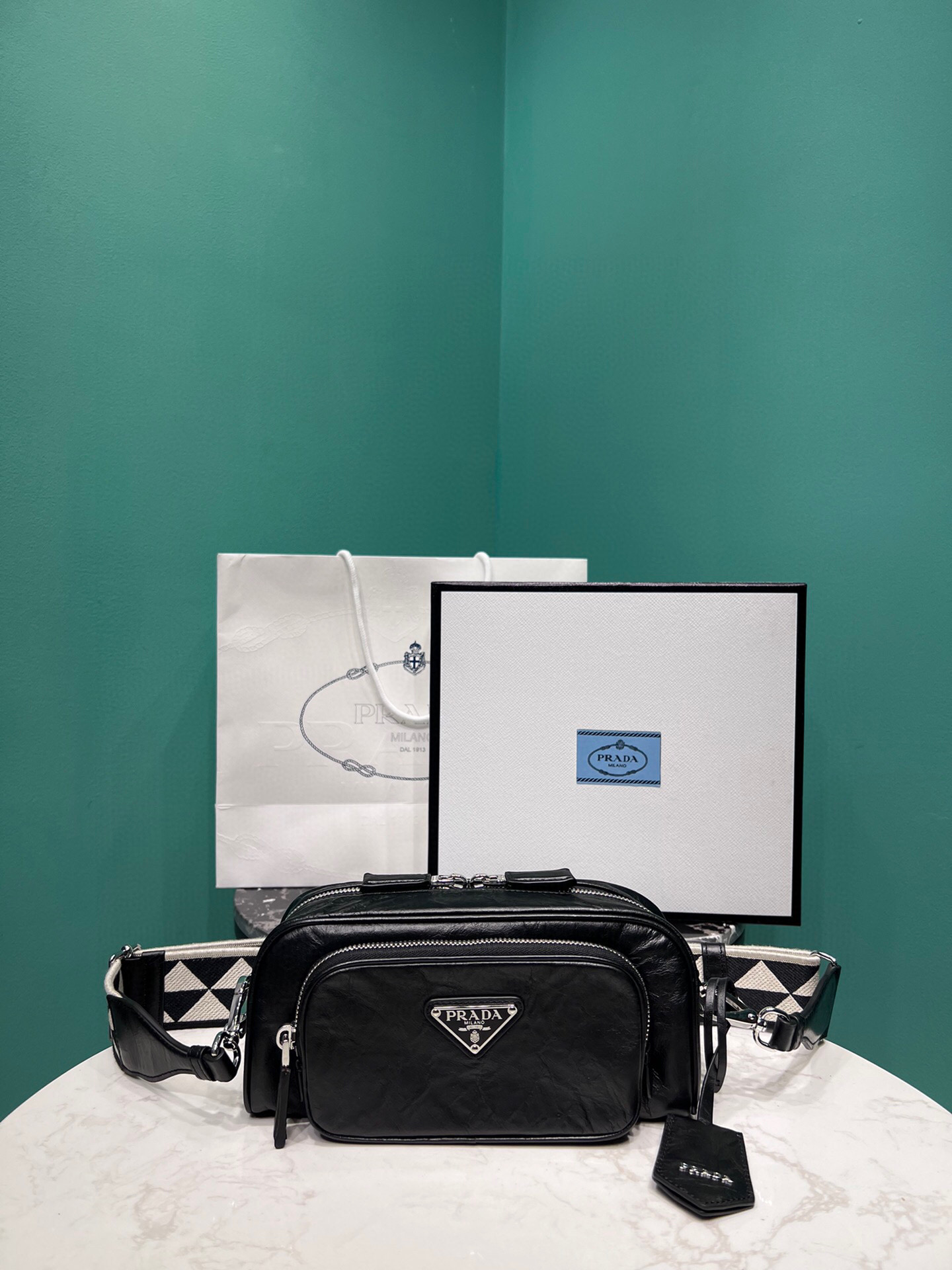 Pra*a Nappa Antique Multi-Pocket Shoulder Bag In Grey/Black/Pink For Women 8.6 in/ 22cm 1BH198_UVL_F0480_V_4OO