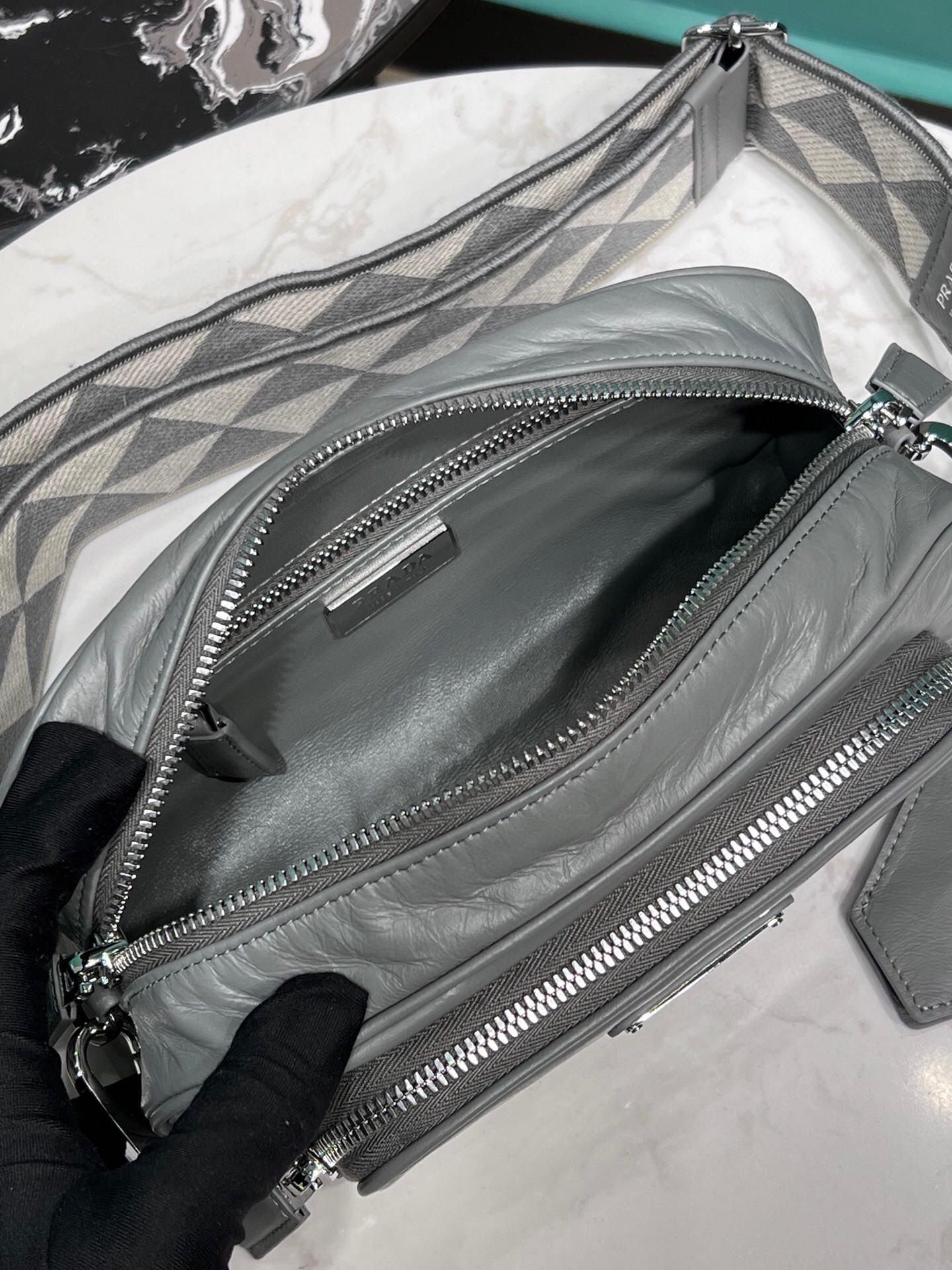 Pra*a Nappa Antique Multi-Pocket Shoulder Bag In Grey/Black/Pink For Women 8.6 in/ 22cm 1BH198_UVL_F0480_V_4OO