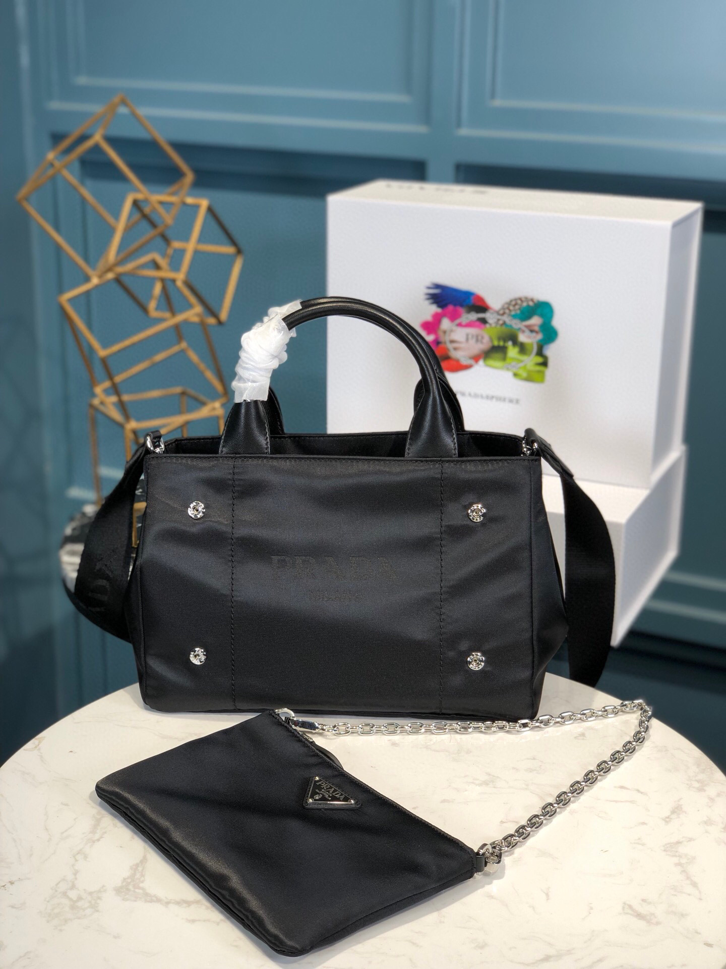 Pra*a Zip Pocket Chain Tote Bag Tessuto In Black For Women 11in/ 28cm