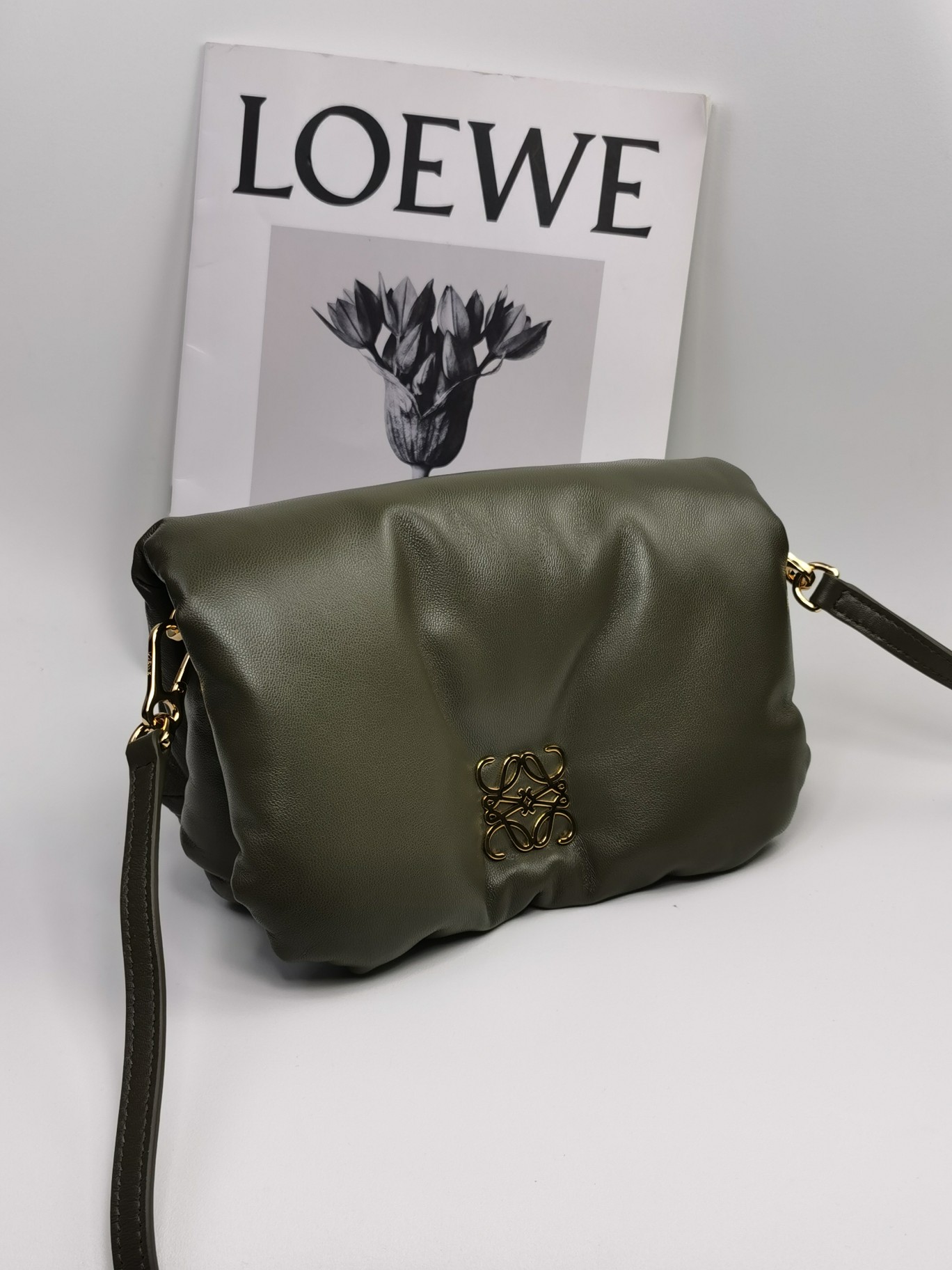 L0ew* Mini Puffer Goya Bag Black/Beige/Green Khaki For Women 7.9in / 20cm A896W56X01