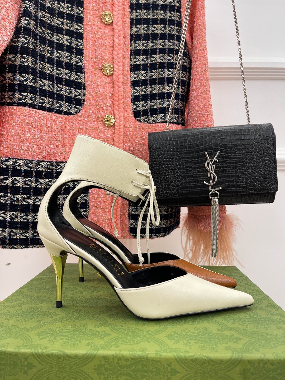 Gvc*1 High Heel Pump With Ankle Cuff White And Brown For Women 715146 BKO60 9057