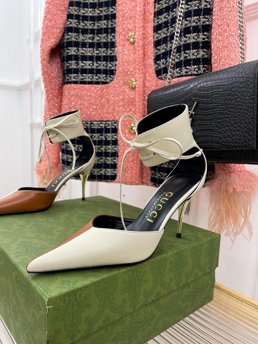 Gvc*1 High Heel Pump With Ankle Cuff White And Brown For Women 715146 BKO60 9057