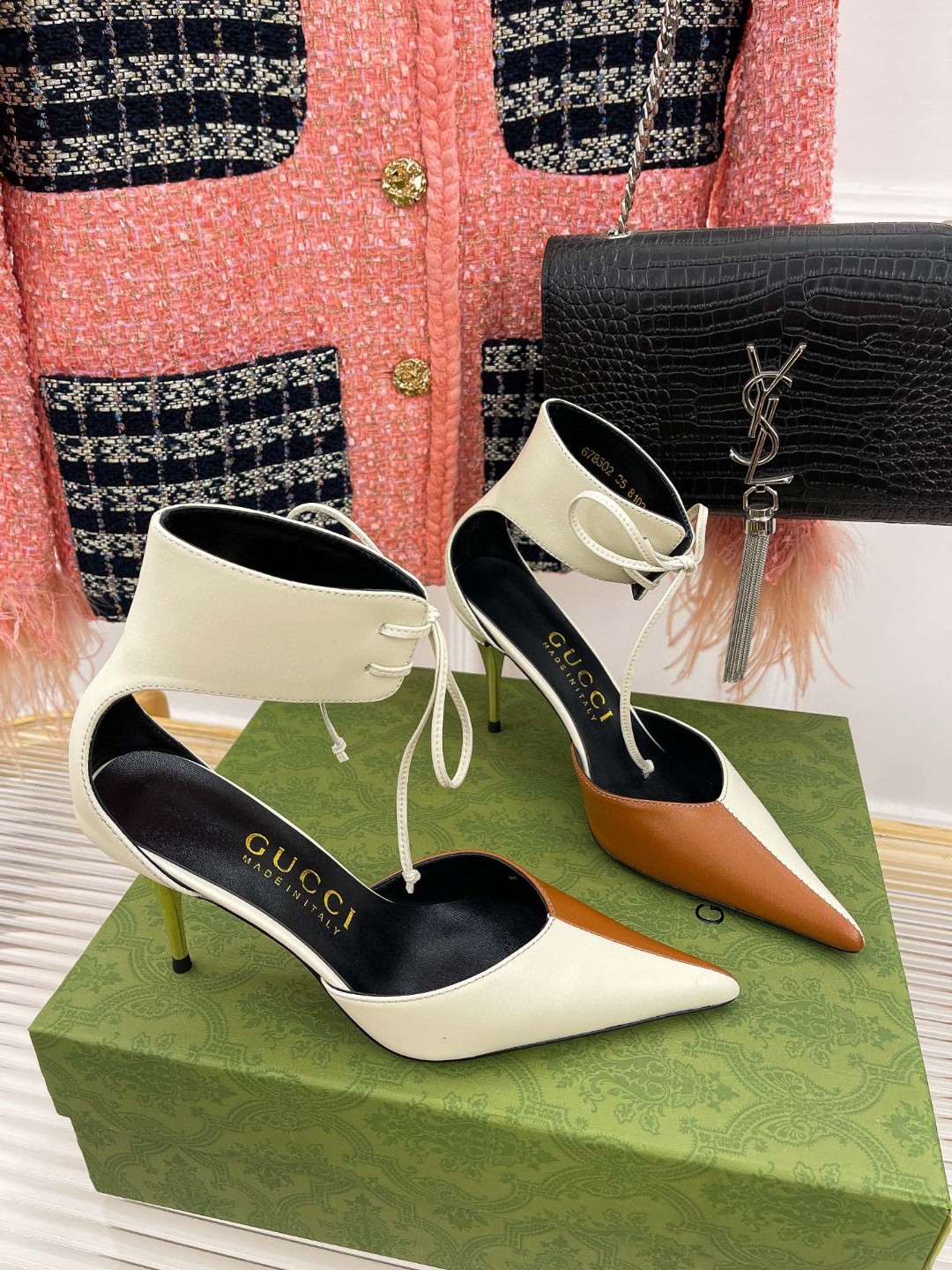 Gvc*1 High Heel Pump With Ankle Cuff White And Brown For Women 715146 BKO60 9057