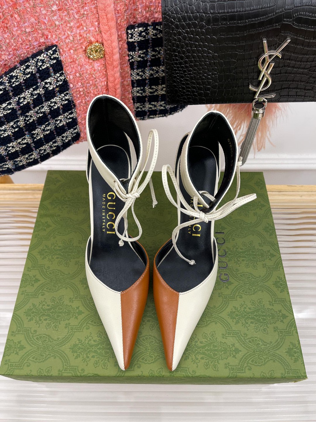 Gvc*1 High Heel Pump With Ankle Cuff White And Brown For Women 715146 BKO60 9057