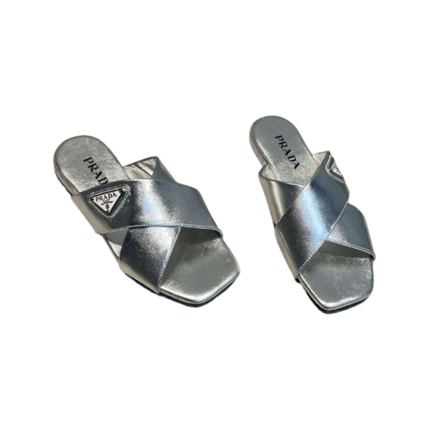 Pra*a Cross Straps Slides Silver For Women