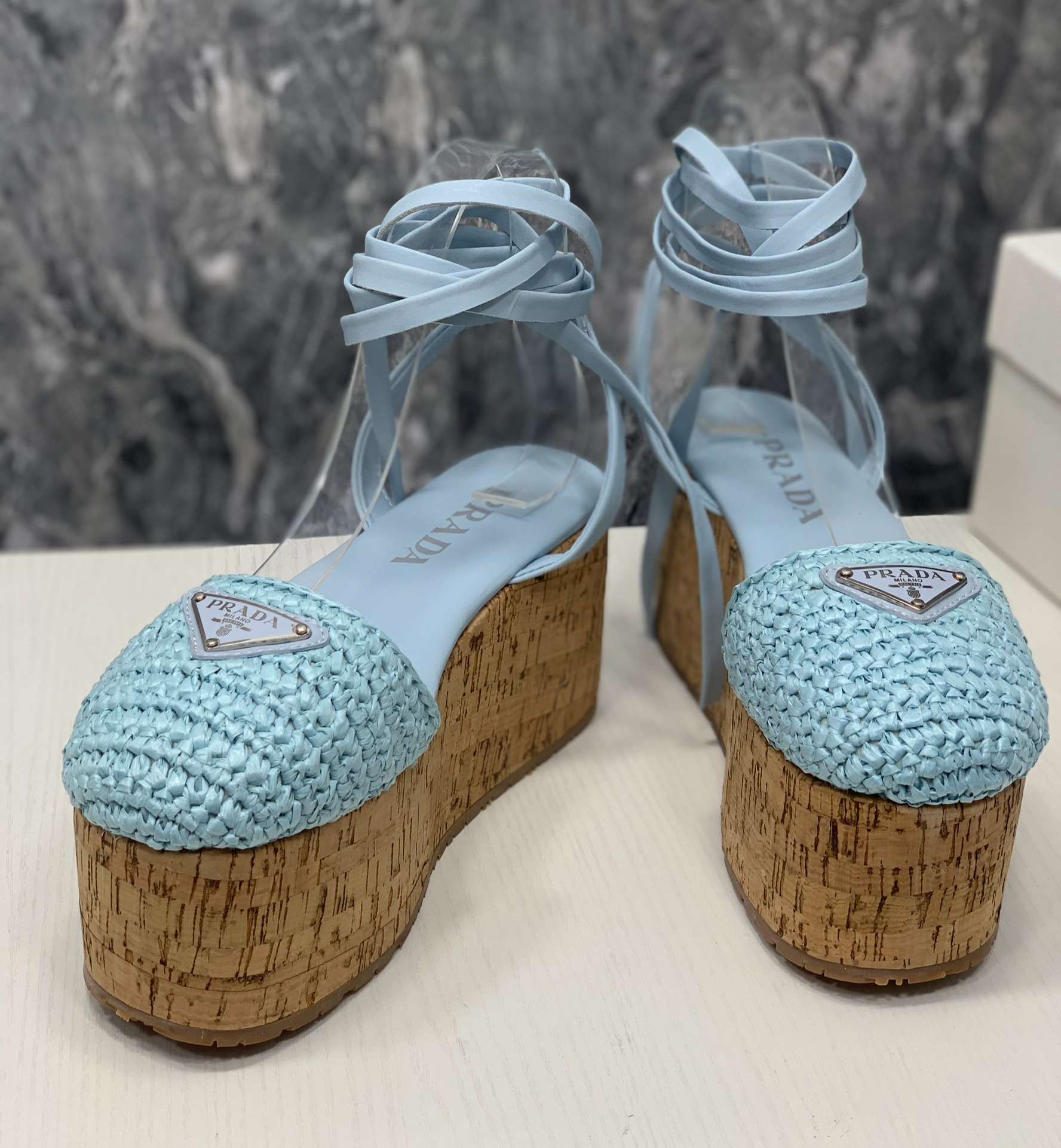 Pra*a Crochet Wedge Sandals Light Blue For Women